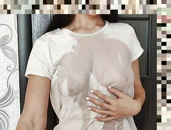 Stepson noticed stepmoms wet t-shirt and sucked on her nipples