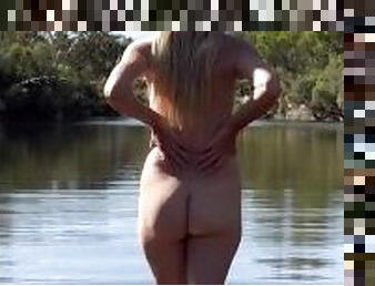 Outdoor exhibitionist milf takes a skinny dip