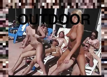 Mofos - Three slutty GFs start a huge outdoor pool orgy