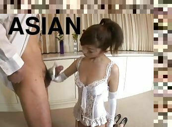 Asian girl handjob in satin gloves and makes eat cum