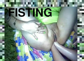 fisting, utendørs, anal, lesbisk, undertøy, brunette