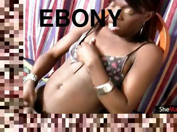 Horny ebony tranny gets load of cum on her tits
