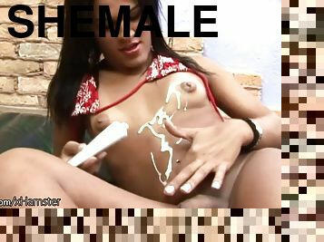 Shemale small tits fingers shaking her ass full of lotion