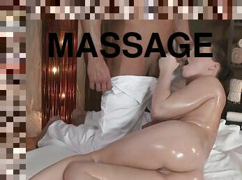 European massage babe sucking masseurs cock