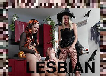 Nude pissy finger fucking lesbian trio on Halloween
