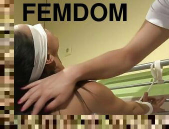 Lezdom nurse whipping restrained sub babe