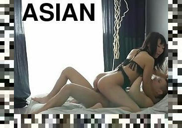 Beautiful Asian hops off his cock and deepthroats it