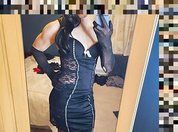 Crossdresser Teases in Black Lingerie Dress 