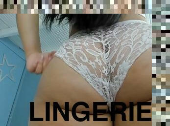 Chubby latina in white lace lingerie