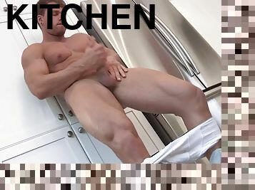 Massive solo stud masturbates and cums in the kitchen