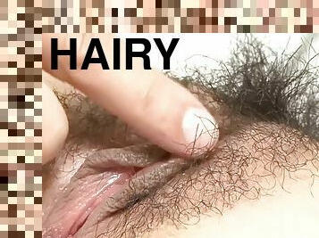 Close up view of yuri mizuki's hairy cooch getting fucked and cum filled