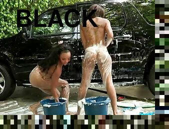 Stacie lane and leilani leeane washing car and having fun with their asses