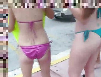 Teens running flash boob car wash