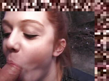 Amateur redhead bimbo sucks firm cock before getting laid