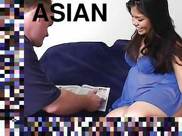 Hot Asian preggy gets banged in blue see through lingerie