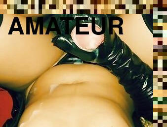 Sexy brunette in sexual hammock, with very hot vinyl corset in hotel, explosive cumshot