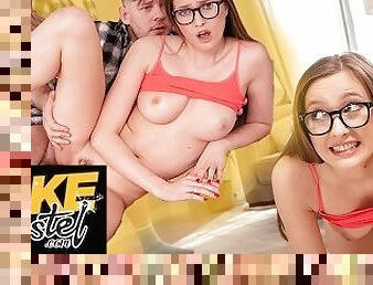 Fake Hostel - Tiny bi-curious teen tossed around by BF but seduced by lesbian ends in threesome