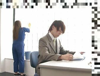 Aroused Japanese cleaning lady fucks office guy