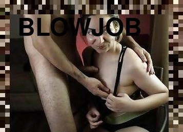 Blowjob ends with a lot of cum on her 100% Homemade