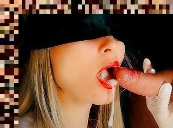 Fantastic Blowjob with red lipstick to pulsating oral creampie! Pulsating cum in mouth