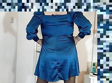 Super sexy crossdresser blue satin and black stockings 