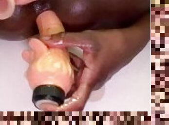 EBONY GIRL IN SHOWER HAPPILY FUCKS AND FILLS BOTH HOLES ASS & PUSSY WITH HER TWO DILDOS
