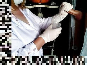 Caring female doctor taking a cum analysis on her knees
