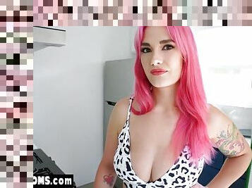 Pink haired stepmom Siri Dahl gives blowjob and titjob to son