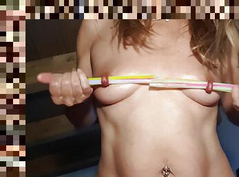 Nippleringlover Horny Milf Inserting Multiple Glow Sticks In Extreme Stretched Pierced Nipples Pussy