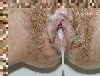 kencing, vagina-pussy, creampie-ejakulasi-di-dalam-vagina-atau-anus-dan-keluarnya-tetesan-sperma, sperma, jarak-dekat, basah