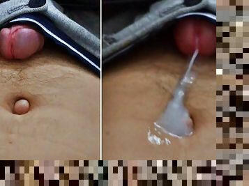 Filling my belly button with cum! Cumming without hands from strong excitement!