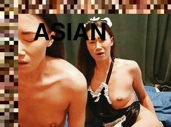 asiatique, levrette, anal, milf, maison, point-de-vue, ejaculation, horny, dure