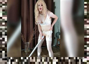 Tranny Housewife in lingerie masturbates with the vacuum cleaner!!