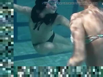 Hot girls Irina and Anna swim naked in the pool