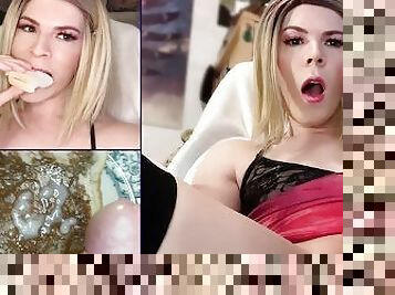 masturbation, transsexuelle, amateur, ejaculation-sur-le-corps, énorme-bite, branlette, ejaculation, blonde, belle, bite