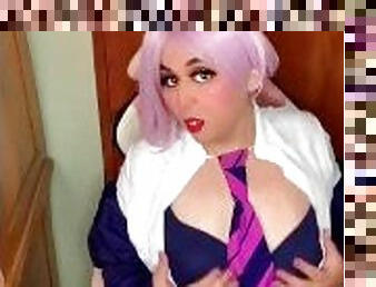 Chubby trans girl cosplay masturbating until peeing