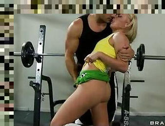 Big dick fucking teen blonde on weight bench