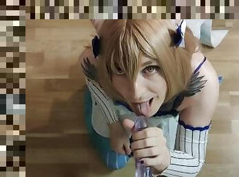 Femboy Felix Argyle Cosplayer sucks on big Dildo and wants your cum