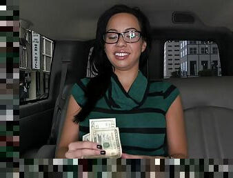 Busty woman accepts cash to fuck on the back seat and be filmed