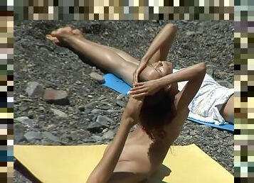 nudisti, allaperto, magre, videocamera, spiaggia, voyeur, brunette, snodate, tettine