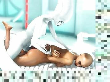 A sexy horny girl gets fucked by alien dickgirl in the sci-fi lab