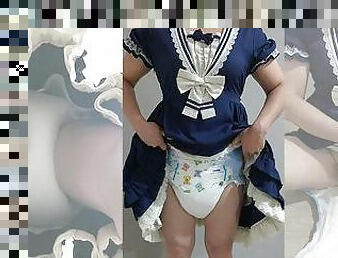 Crossdresser Wearing a Blue Sailor Dress and a Thick Diaper, then Jerking Off 4 