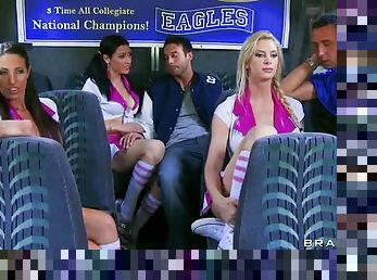 Cheerleader group sex on a bus