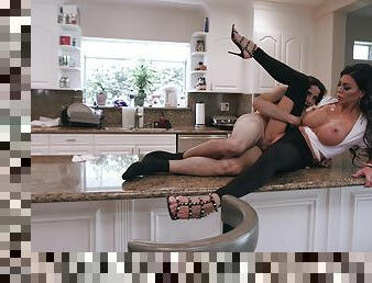 Busty raven tries morning sex with the step son on the kitchen counter