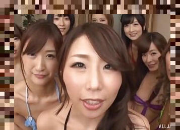 Aroused Japanese girls wait their turn with this hard wood