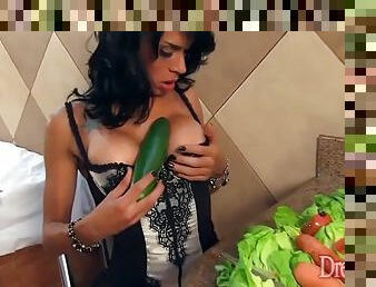 Sexy shemale sabrina de castro with a cucumber and a rooster