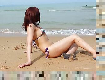 japanier, strand, bikini, kleine-titten