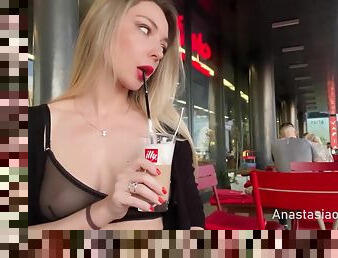 Woman In Transparent Bra Drinks Coffee On Open Public Cafe Terrace - Anastasia Ocean
