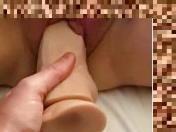 GF Gets Shaved Pussy Stretched and Gaped by Massive Dildo Then Takes BFs Cock