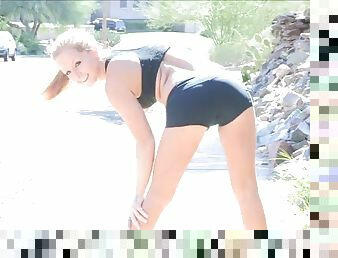 Gorgeous blonde jogs with her ass and tits out